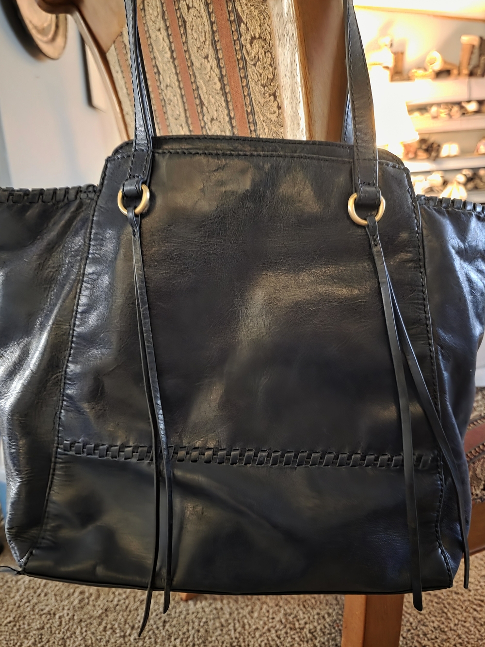 HOBO Navy Blue Leather Shoulder Hobo with Woven Trim